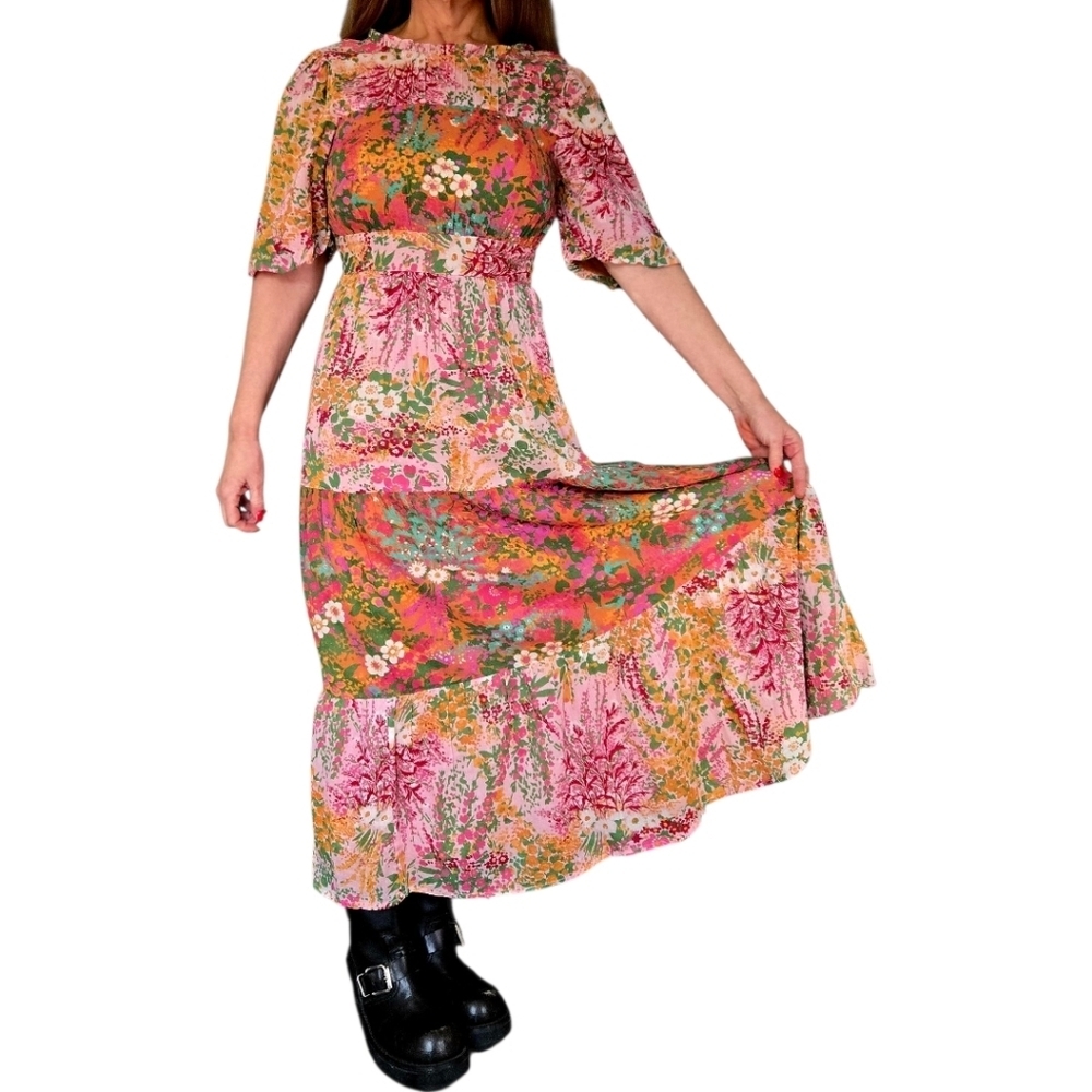 Banjanan Hilary Floral Dress Maxi Boho Loki's Garden Puff Sleeve Size XS
